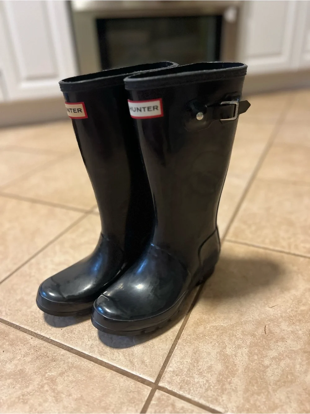 Hunter Black Gloss Mid-Calf Rain Boots with Side Buckle
